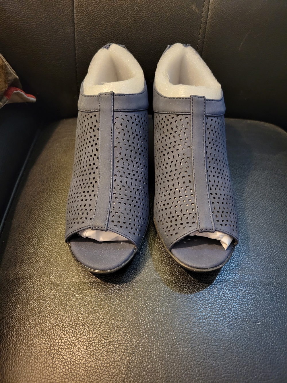 Perforated Open-Toe Ankle Booties in Navy Blue